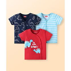 Babyhug Interlock Knit Half Sleeves Vests With Dino Print Pack of 3 - Navy Blue Red & Light Blue