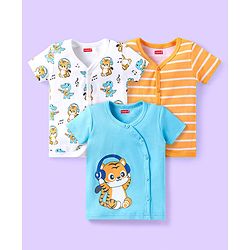 Babyhug 100% Cotton Woven Half Sleeves Front Open Jhabla with Stripe & Animal Print Pack Of 3 - Light Blue White & Mustard
