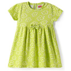 Babyhug Single Jersey Knit Half Sleeves Frock With Floral Print & Bow Applique - Green