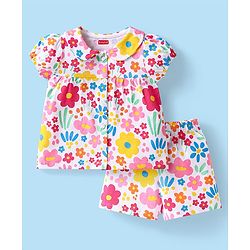 Babyhug Cotton Knit Half Sleeves Front Open Shorts Night Suit With Floral Print & Peter Pan Collar - White