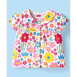 Babyhug Cotton Knit Half Sleeves Front Open Shorts Night Suit With Floral Print & Peter Pan Collar - White