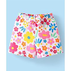 Babyhug Cotton Knit Half Sleeves Front Open Shorts Night Suit With Floral Print & Peter Pan Collar - White