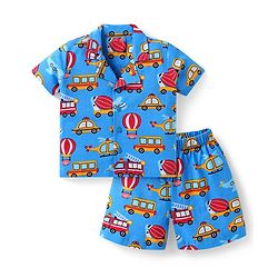 Babyhug Cotton Knit  Half Sleeves Front Open Shorts Night Suit with Vehicle Print - Blue