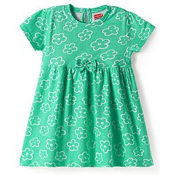 Babyhug Single Jersey Knit Half Sleeves Frock With Floral Print & Bow Applique - Green
