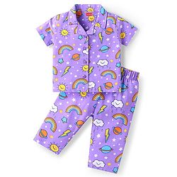 Babyhug Cotton Knit Half Sleeves Pyjama Night Suit with Rainbow Print - Lilac