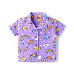 Babyhug Cotton Knit Half Sleeves Pyjama Night Suit with Rainbow Print - Lilac