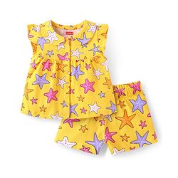 Babyhug Cotton Knit Frill Sleeves Shorts Night Suit with Starfish Print - Yellow