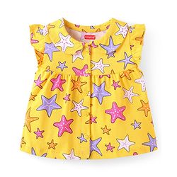 Babyhug Cotton Knit Frill Sleeves Shorts Night Suit with Starfish Print - Yellow