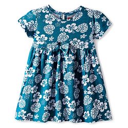 Babyhug Cotton Knit Half Sleeves Frock With Floral Print & Bow Applique - Teal Blue