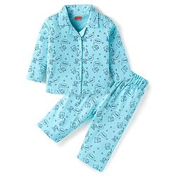 Babyhug Cotton Knit Full Sleeves Front Open Night Suit With Moo Print - Blue