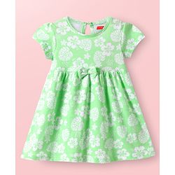 Babyhug Cotton Knit Half Sleeves Frock With Floral Print & Bow Applique - Light Green