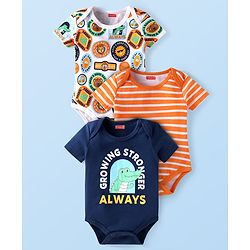 Babyhug Interlock Knit Half Sleeves Onesies With Animal & Text Print Pack of 3 - Navy Blue Orange & White