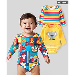 Babyhug Interlock Knit Full Sleeves Onesies With Animal Print Pack of 3 - Yellow Blue & Red