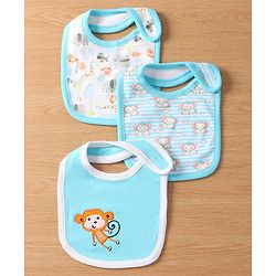 Babyhug Interlock Cotton Bibs Monkey Print Pack of 3 - Blue