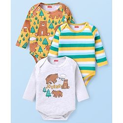 Babyhug Interlock Knit Full Sleeves Striped & Bear Printed Onesies Pack of 3 - Yellow & Light Grey