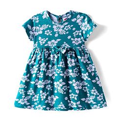 Babyhug Cotton Knit Half Sleeves Frock with Floral Print - Teal Blue