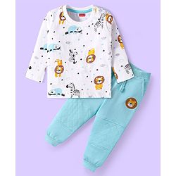 Babyhug Terry Knit Full Sleeves T-Shirt & Lounge Pant Set With Animal Print & Patch - White & Light Blue