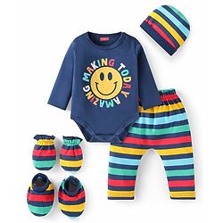 Babyhug 100% Cotton Knit Full Sleeves Smiley Printed Onesie with Striped Leggings Pair of Booties & Mittens with Cap - Navy Blue