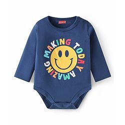 Babyhug 100% Cotton Knit Full Sleeves Smiley Printed Onesie with Striped Leggings Pair of Booties & Mittens with Cap - Navy Blue