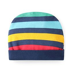 Babyhug 100% Cotton Knit Full Sleeves Smiley Printed Onesie with Striped Leggings Pair of Booties & Mittens with Cap - Navy Blue
