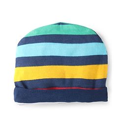 Babyhug 100% Cotton Knit Full Sleeves Smiley Printed Onesie with Striped Leggings Pair of Booties & Mittens with Cap - Navy Blue