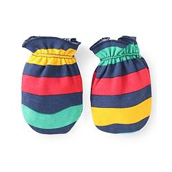 Babyhug 100% Cotton Knit Full Sleeves Smiley Printed Onesie with Striped Leggings Pair of Booties & Mittens with Cap - Navy Blue