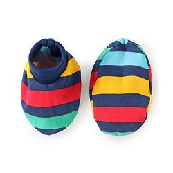 Babyhug 100% Cotton Knit Full Sleeves Smiley Printed Onesie with Striped Leggings Pair of Booties & Mittens with Cap - Navy Blue