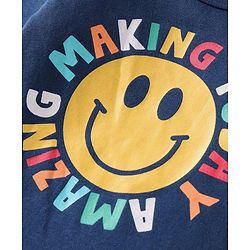 Babyhug 100% Cotton Knit Full Sleeves Smiley Printed Onesie with Striped Leggings Pair of Booties & Mittens with Cap - Navy Blue