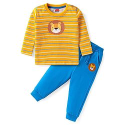 Babyhug Single Jersey Knit Full Sleeves Striped T-Shirt & Joggers Set with Animal Print - Yellow & Blue
