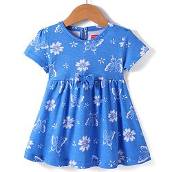 Babyhug Single Jersey Knit Half Sleeves Frock With Floral Print & Bow Applique - Blue