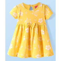 Babyhug Single Jersey Knit Half Sleeves Frock with Floral Print & Bow Applique - Yellow