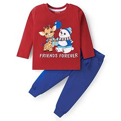 Babyhug Single Jersey Knit Full Sleeves Animal Printed T-Shirt & Lounge Pant Set  - Red & Blue