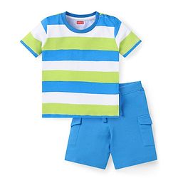 Babyhug Single Jersey Knit Half Sleeves Striped T-Shirt & Shorts Set with Pockets - Light Blue Green & White
