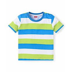 Babyhug Single Jersey Knit Half Sleeves Striped T-Shirt & Shorts Set with Pockets - Light Blue Green & White