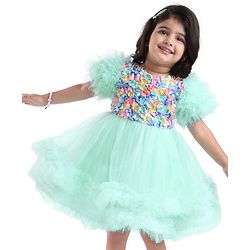 Babyhug Woven Half Sleeves Party Dress With Ruffle Detailing & Floral Corsage - Sea Green