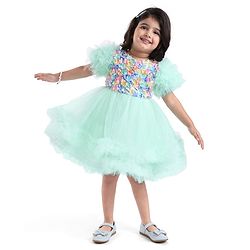 Babyhug Woven Half Sleeves Party Dress With Ruffle Detailing & Floral Corsage - Sea Green