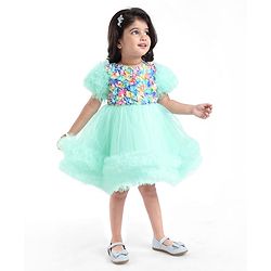 Babyhug Woven Half Sleeves Party Dress With Ruffle Detailing & Floral Corsage - Sea Green