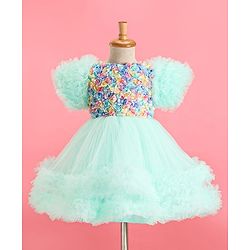 Babyhug Woven Half Sleeves Party Dress With Ruffle Detailing & Floral Corsage - Sea Green