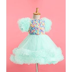 Babyhug Woven Half Sleeves Party Dress With Ruffle Detailing & Floral Corsage - Sea Green