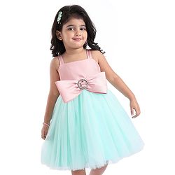 Babyhug Woven Sleeveless Party Dress With Bow Applique - Peach & Green