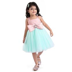 Babyhug Woven Sleeveless Party Dress With Bow Applique - Peach & Green