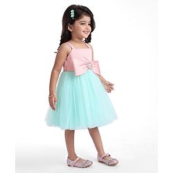 Babyhug Woven Sleeveless Party Dress With Bow Applique - Peach & Green