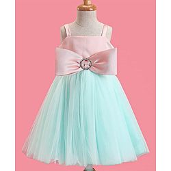 Babyhug Woven Sleeveless Party Dress With Bow Applique - Peach & Green