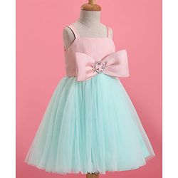 Babyhug Woven Sleeveless Party Dress With Bow Applique - Peach & Green