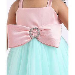 Babyhug Woven Sleeveless Party Dress With Bow Applique - Peach & Green