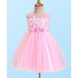 Babyhug Woven Sleeveless Party Dress With Floral & Butterfly Applique - Light Pink