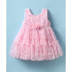 Babyhug Woven Sleeveless Mesh Dress with Foil Print & Floral Applique - Light Pink