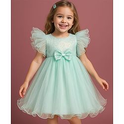 Babyhug Woven Frill Sleeves Party Dress With Sequinned Yoke & Bow Applique - Mint Green