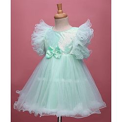Babyhug Woven Frill Sleeves Party Dress With Sequinned Yoke & Bow Applique - Mint Green