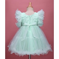 Babyhug Woven Frill Sleeves Party Dress With Sequinned Yoke & Bow Applique - Mint Green